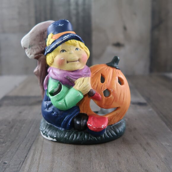 Halloween Ceramic Tealight Candle Holder Little Boy Carving Pumpkin JackOLantern - Picture 1 of 8